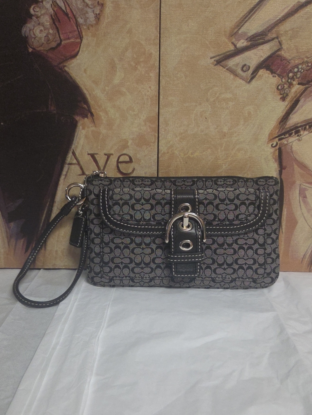 Coach Black and Gray Signature Soho Jacquard Wristlet Clutch